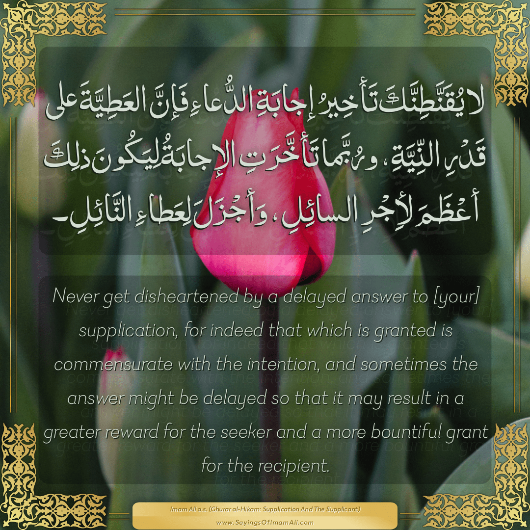 Never get disheartened by a delayed answer to [your] supplication, for...